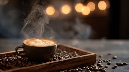 A steaming cup of latte art rests on a wooden tray filled with coffee beans