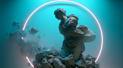 Fototapeta premium Dynamic sculpture of a classical figure in mid-motion, shattering a circular stone frame with dramatic lighting and floating debris.