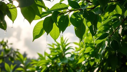 Raindrops cascading on lush green leaves, sunlight filtering through clouds, sunlight, picture