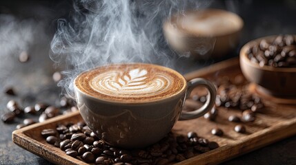 Steaming latte art in a gray cup, surrounded by coffee beans