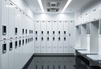Sleek minimalist locker room with modern fixtures and ample storage,  health,  luxury