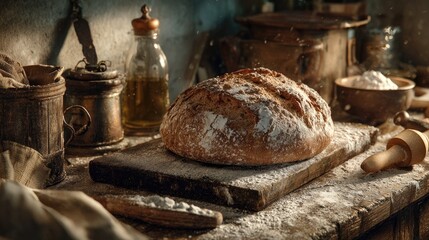 Rustic bread on a wooden table in a dimly lit kitchen setting, dusted with flour, surrounded by aged cooking utensils and ingredients