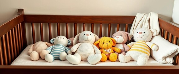 Soft plush toys arranged on a crib, ready for sleep, sheet, cute