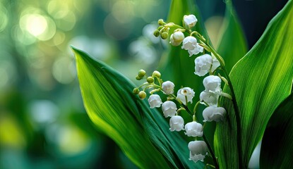 Delicate white lilies in lush green foliage, bathed in soft light