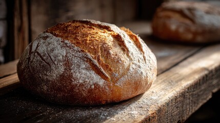 Freshly baked sourdough loaf on rustic wooden shelf
