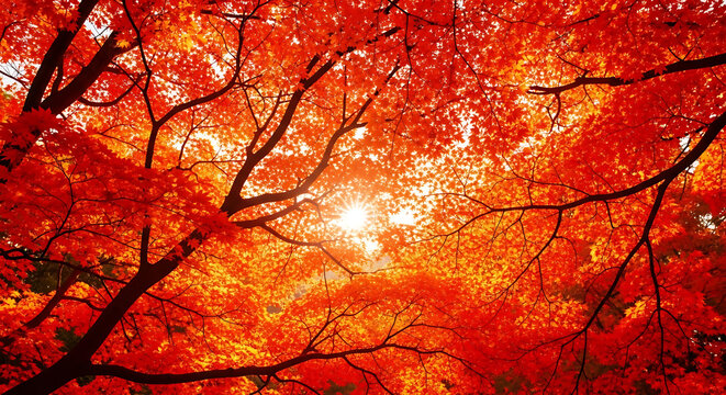 Looking up at a canopy of vibrant red and orange leaves with sunlight shining through the branches ai generated