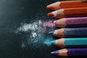 Colored pencils with pigment explosion on dark background