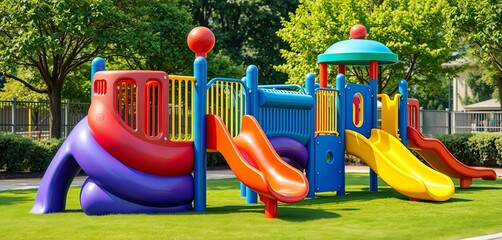Vibrant rainbow-hued playground equipment on bright green turf,   colourful,  child
