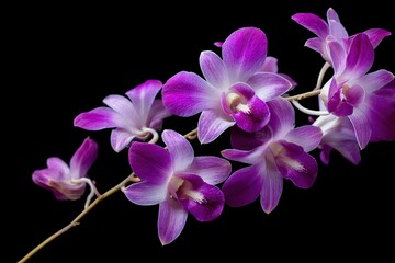 Obraz premium A stem of purple and white orchids on a black background