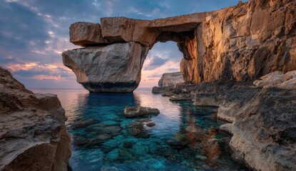 Dramatic rock arch at sunrise over turquoise sea