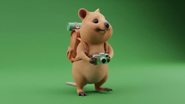 A joyful animated quokka tourist wearing a backpack and holding a camera on green background