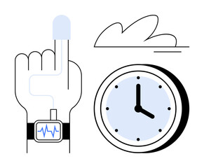 Hand with biometric wearable tracking vitals, clock indicating time, and minimal cloud design. Ideal for fitness, health, technology, lifestyle, self-care innovation medical themes. Simple flat