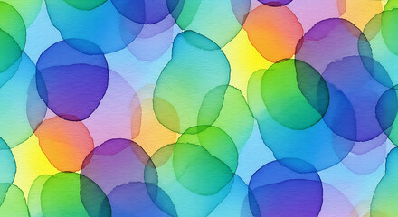 Vibrant watercolor blobs in a rainbow of colors create an abstract background