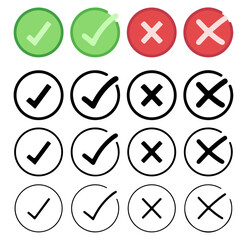 Check and Cross Icon Grid — Approval and Error Symbols in Color and Outline Styles for Feedback UI, Forms, and Educational Design