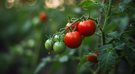 Ripe tomatoes on vine fresh produce display with green foliage