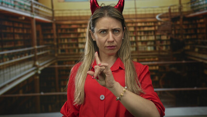 Woman crossing arms in a library setting wearing a red shirt and devil horns headband with rows of...