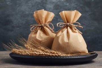 Two brown paper sacks, tied with twine, sit on a dark gray platter. Wheat stalks rest beside them