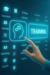 The image showcases a hand pointing at a digital interface with a "training" button highlighted in vibrant teal. Surrounding icons, like gears within a head outline, suggest concept development.