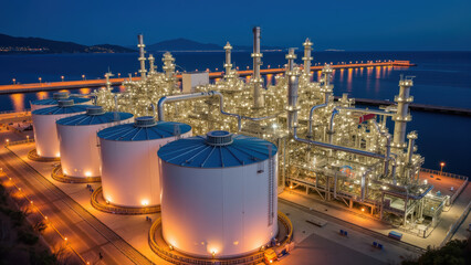 Industrial facility at night with illuminated storage tanks and pipelines, reflecting on water, showcasing modern energy infrastructure