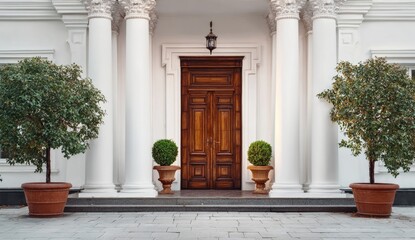 Grand entrance of a stately mansion.  White columns, dark wood door, and decorative plants