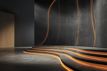 Dark, modern, curved stage with glowing lines.  Wooden paneling