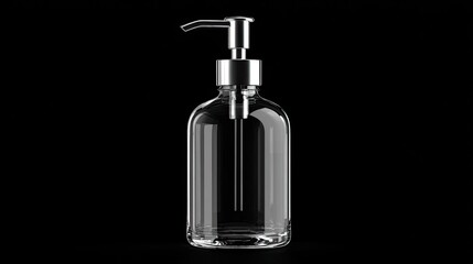 Clear glass bottle with chrome pump dispenser against a black background