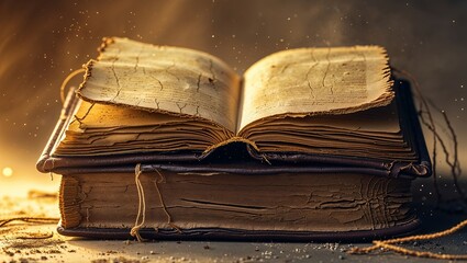 A minimalist composition of an old leather book with a single dog-eared page against a simple background. A clean and conceptual image about marking one's place in a story or in life.
