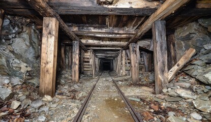 Old mine tunnel, wooden supports, and tracks