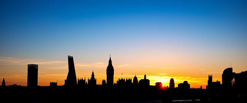 Iconic London skyline silhouette at sunset, featuring key landmarks, london silhouette, buildings