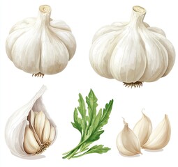 Four illustrations of garlic bulbs, showing different views