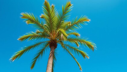 Lush green palm tree against a vibrant blue sky, exotic,  fronds