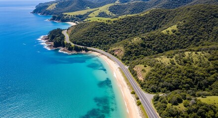 Aerial view of a scenic coastal road winding along a pristine beach with turquoise ocean water and lush green hills.