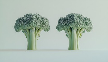 Two identical, light-green broccoli heads,  symmetrically positioned against a pale, neutral backdrop