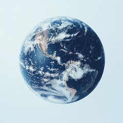 Earth globe, detailed view, centered on a light-blue background.  The globe showcases continents, oceans, and atmospheric clouds in realistic detail