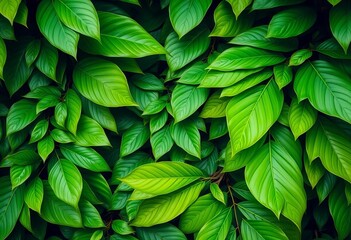 Vibrant green tropical leaves, lush and dense, forming a textured background,  element,  summer