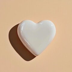 A smooth, glossy, white heart shape sits atop a pale peach background, casting a subtle shadow