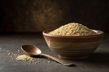 Bowl of quinoa grains with wooden spoon on a dark surface
