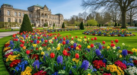 Formal garden with colorful tulips and hyacinths, a stately building in the background