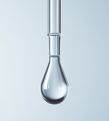 Clear liquid droplet hanging from a glass dropper.  A close-up, high-quality,?scientifically precise image of a single drop