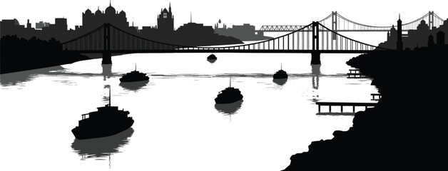 Fototapeta premium Urban river silhouette with bridges, boats, city skyline—black and white waterfront scene for architecture, transport, and historic design themes