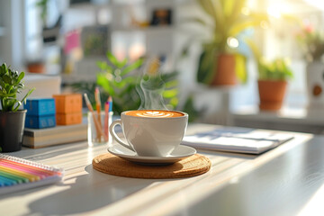A beautifully arranged workspace showcasing a variety of office supplies, a steaming cup of coffee, tasteful decorations, and ample room for creativity and productivity 