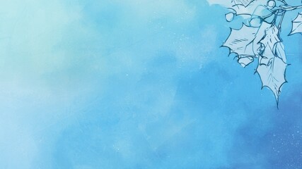 A serene blue background with delicate holly leaves, evoking a calm winter atmosphere, cute Christmas frame
