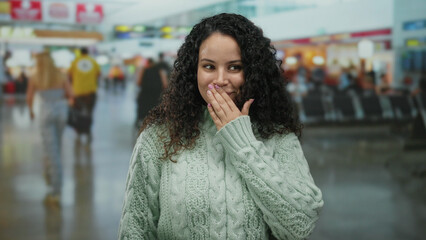 Hispanic woman in airport terminal indoor covering mouth with hand while wearing sweater amidst busy travelers.