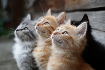 Adorable kittens gazing upward together