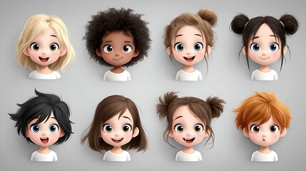Eight cheerful cartoon kids with big eyes pose with different hairstyles on a gray background.