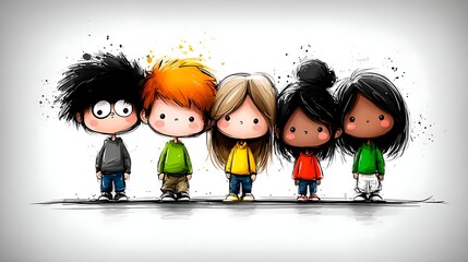 group of five cartoon doodle-style kids stand together against a gray artistic background.