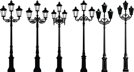Ornate vintage street lamp silhouettes, decorative lantern pole collection, classical urban lighting illustration, heritage architecture artwork, outdoor night design elements