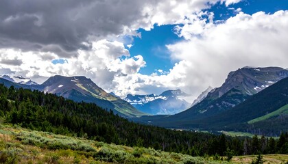 Mountain valley panorama under dramatic sky
