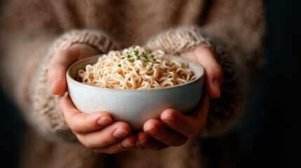 A pair of hands gracefully holds a bowl filled with steaming noodles, evoking feelings of warmth, comfort, and nostalgia in a cozy setting that promotes relaxation and joy.