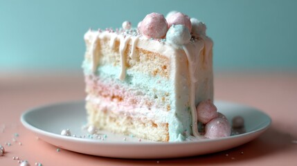 A visually stunning slice of layered pastel cake drizzled with icing and adorned with colorful toppings, celebrating the joy of dessert and special occasions with a dreamy aesthetic.